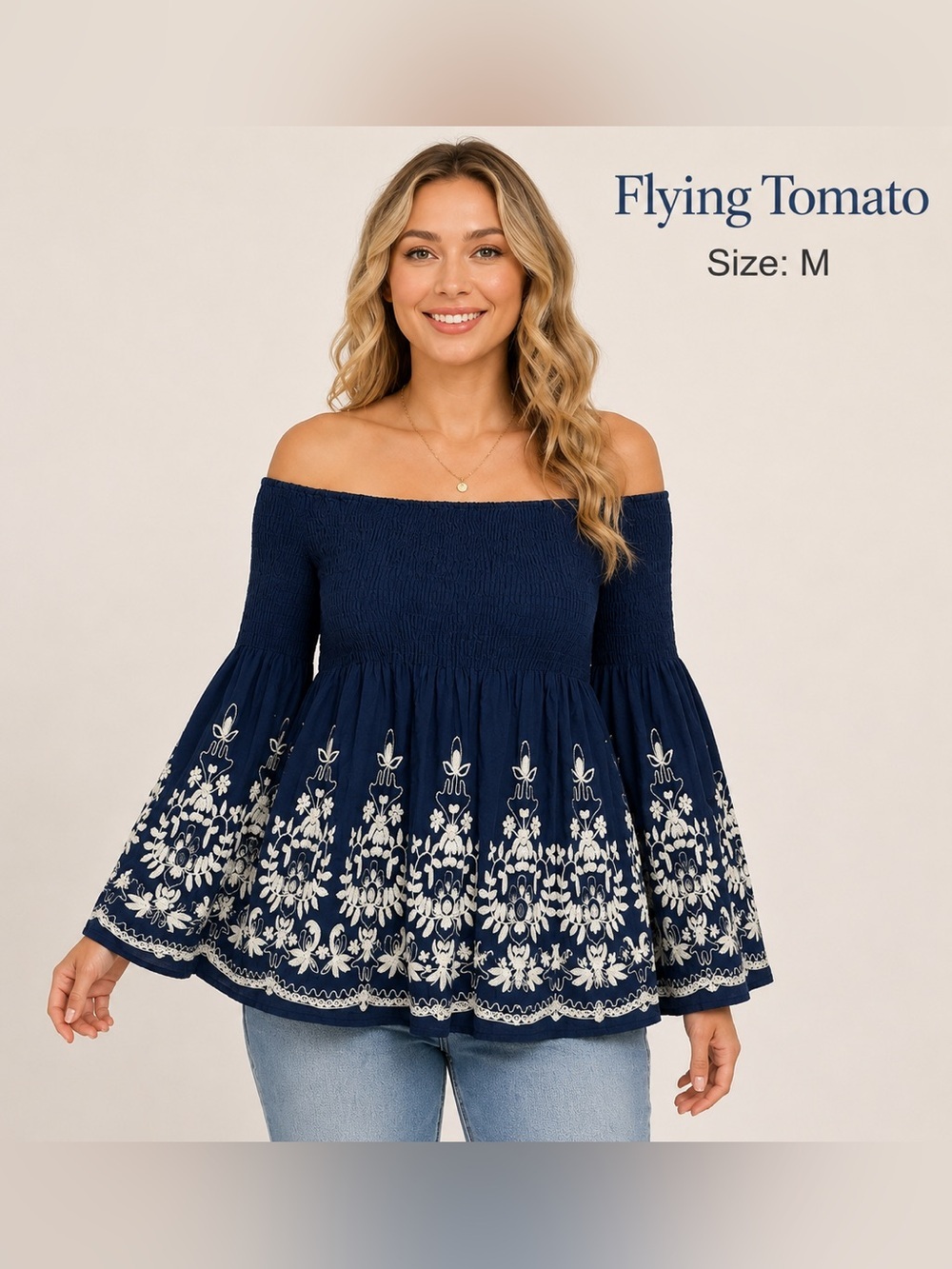 Flying Tomato Navy Off Shoulder Embroidered Boho Peasant cotton Top Size M